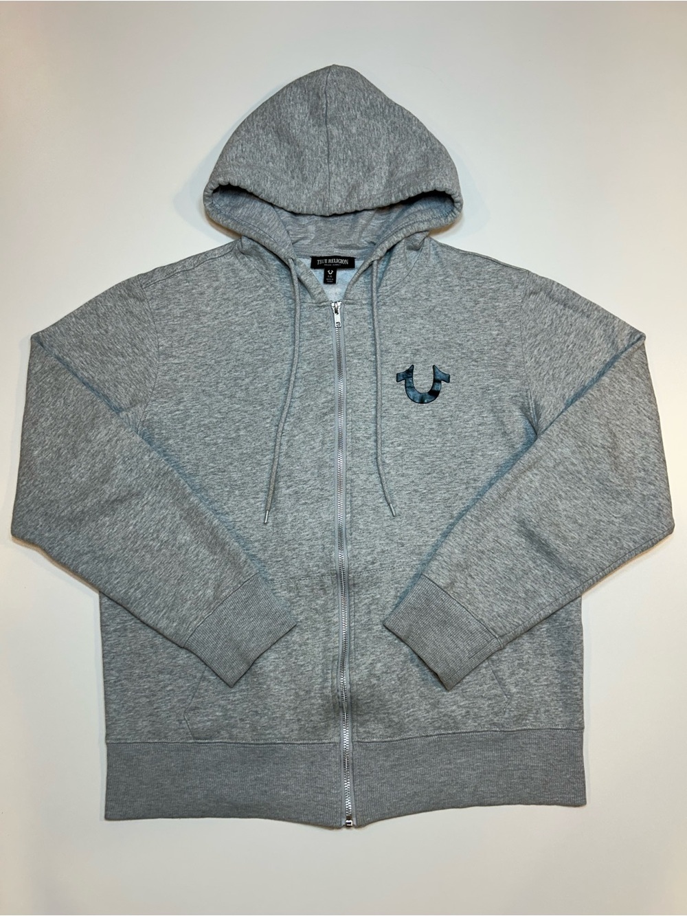 True Religion Men's Classic Logo Zip Up Hoodie Heather Grey Black Horseshoe